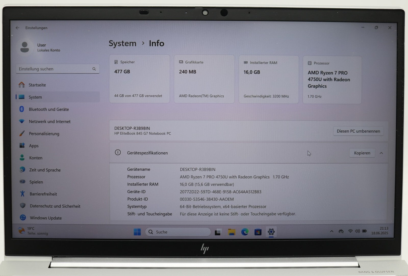 HP Elitebook 845 G7 AMD Ryzen 7 PRO 4750U 16GB RAM 512GB SSD 14 FullHD Win11