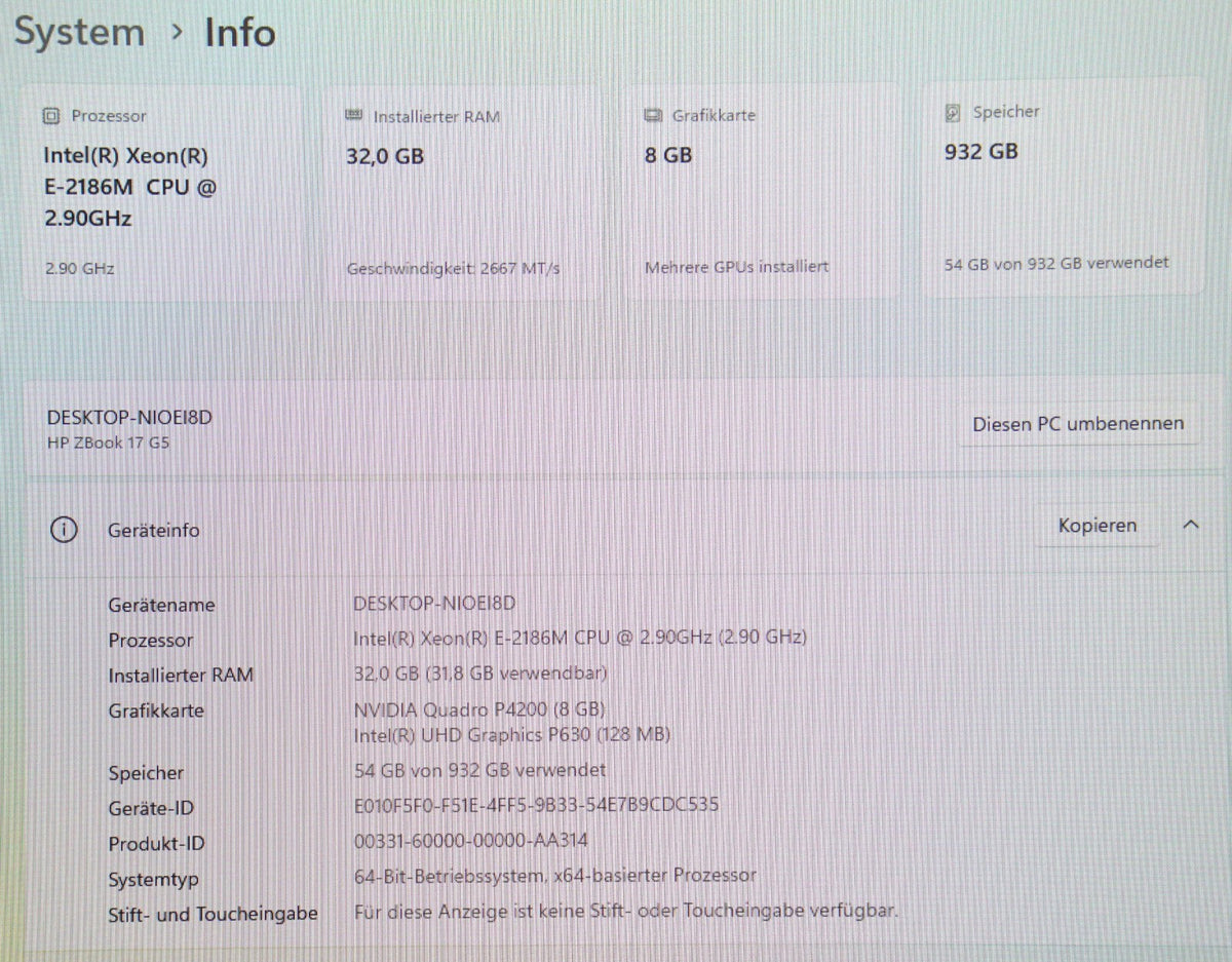 HP Zbook 17 G5 Xeon E-2186M 32GB RAM 1TB SSD NVIDIA Quadro P4200 17,3 Zoll #B