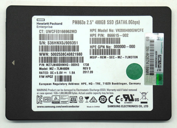 HPE PM863a 480GB SSD 2,5" SATA III 6Gb/s Enterprise VK000480GWCFE 866615-002