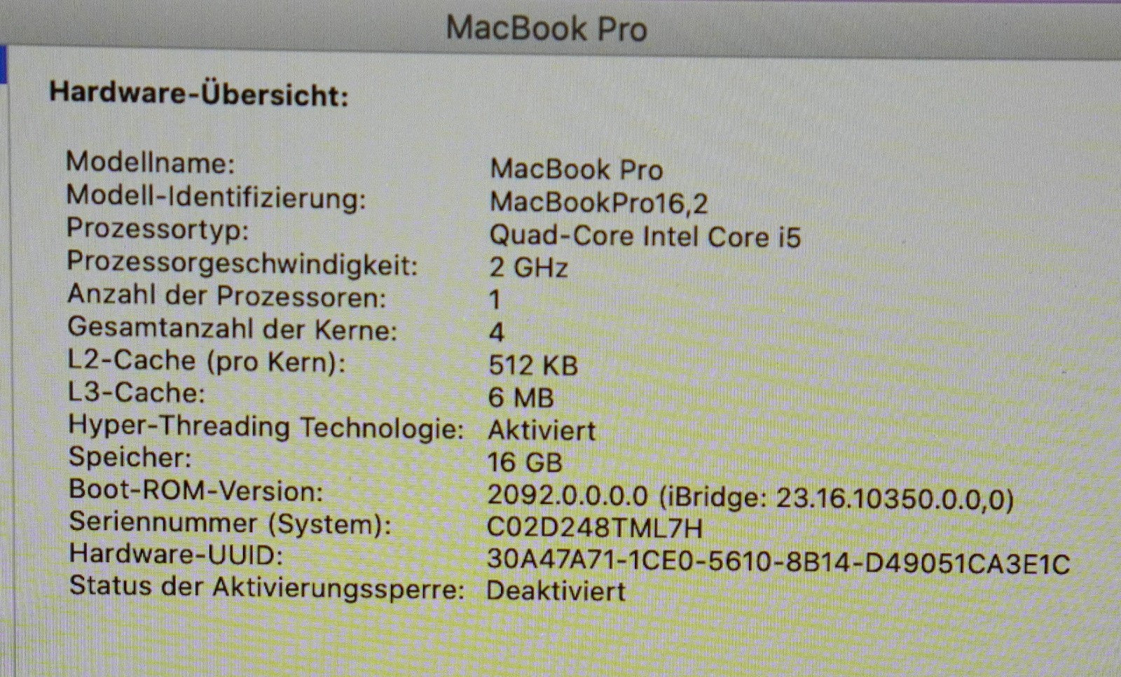 MacBook Pro 2020 13,3" Retina i5-10th Gen. 16GB RAM 512GB SSD Intel Iris+ #727