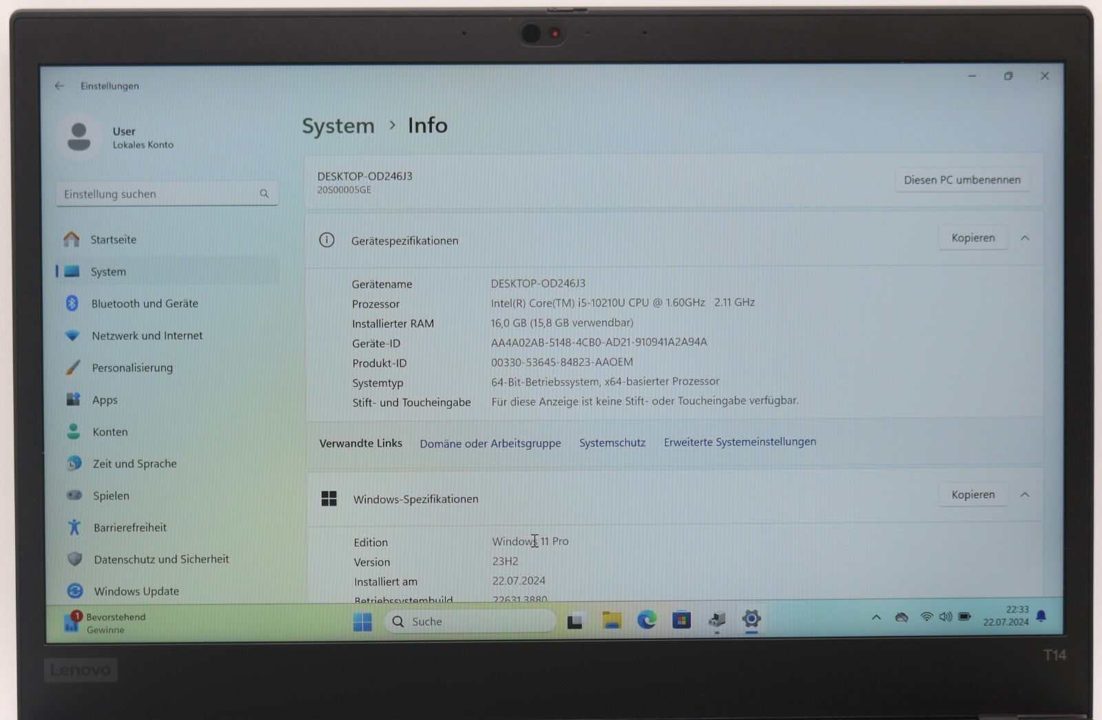 Lenovo Thinkpad T14 Gen1 i5-10210U 16GB RAM 512GB SSD 14" FullHD Backlight