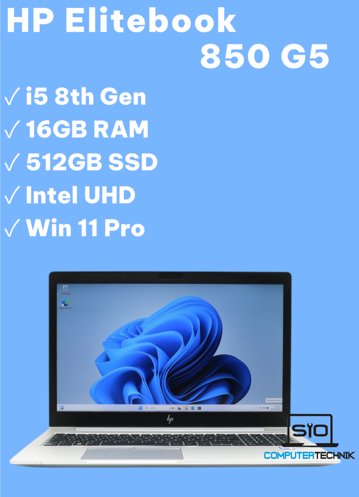 HP Elitebook 850 G5 i5-8350u 16GB RAM 512GB SSD NVMe, 15,6 FullHD IPS (matt) Win