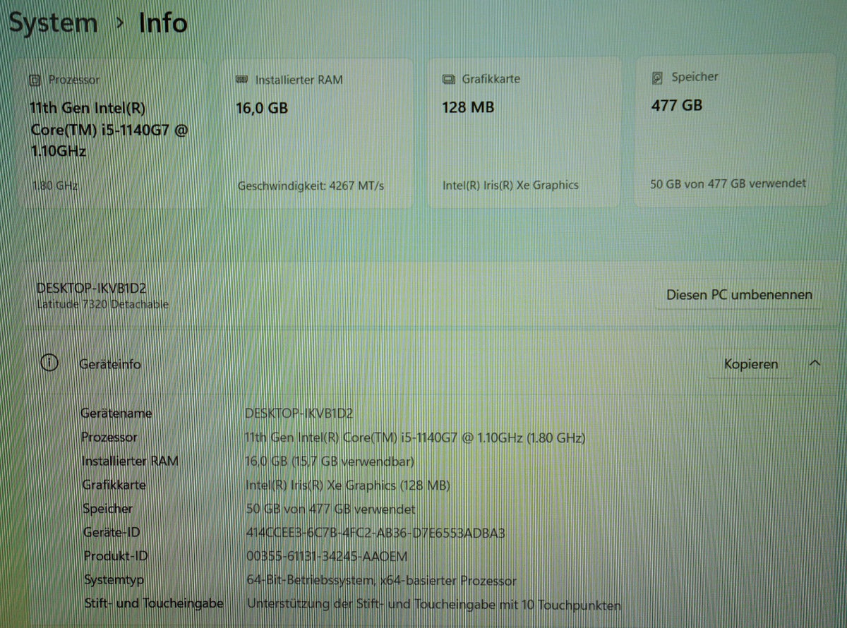 Dell Latitude 7320 Detachable i5-1140G7 16GB RAM 512GB SSD 13" mit Stift Win11