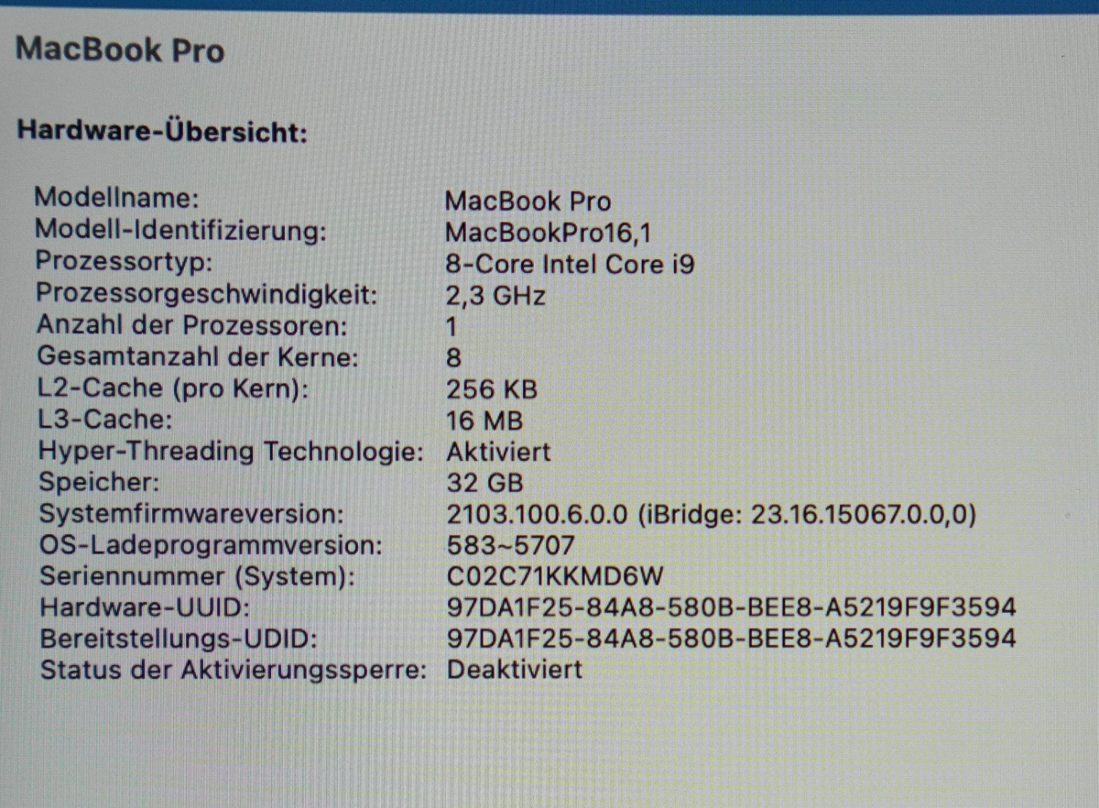 MacBook Pro 16" 2019 Intel Core i9 32GB RAM 1TB SSD Intel UHD 630 OS Tahoe #350
