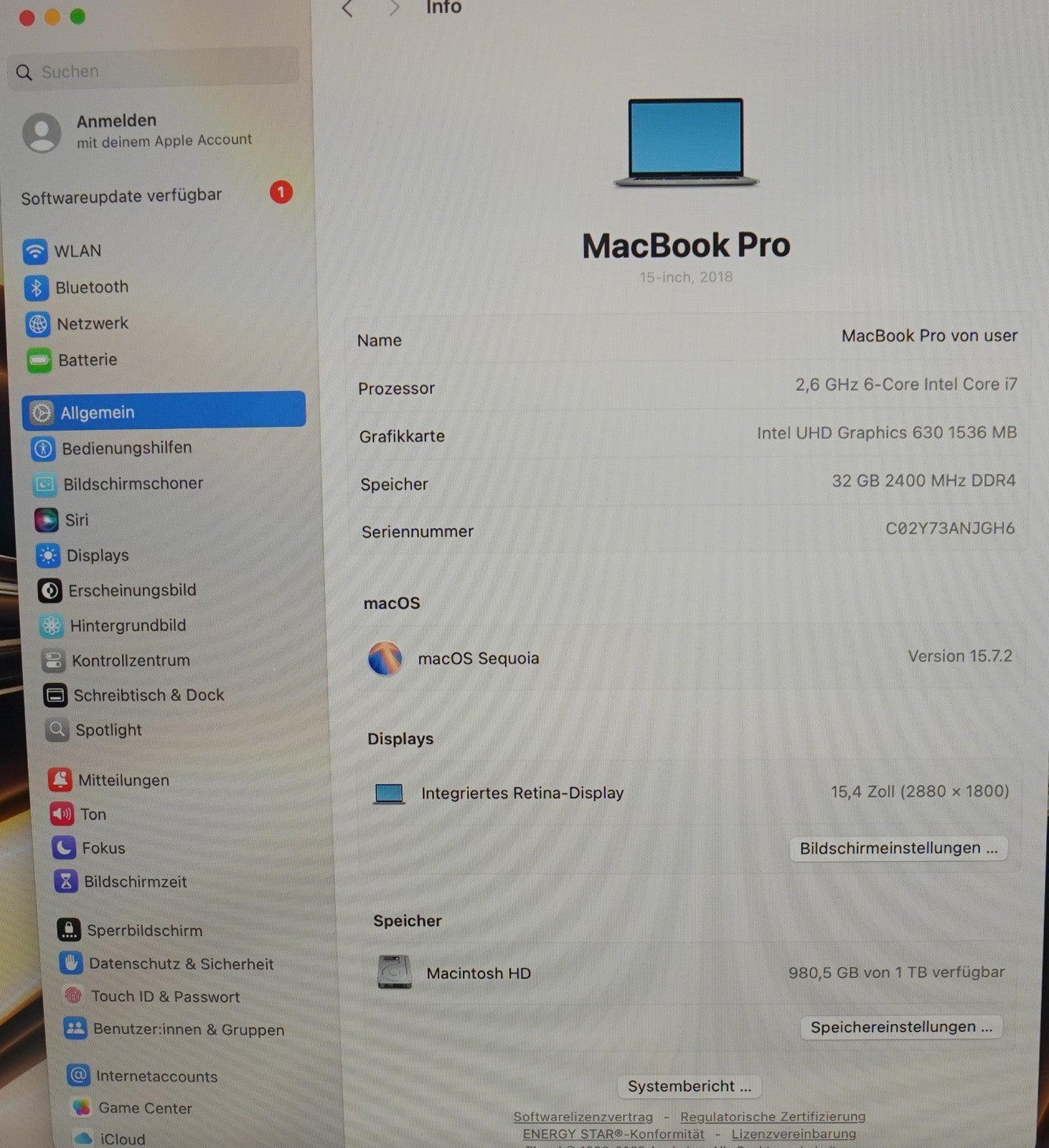 Apple MacBook Pro 15" (2018) – i7 32GB RAM 1TB SSD Radeon Pro Vega 20