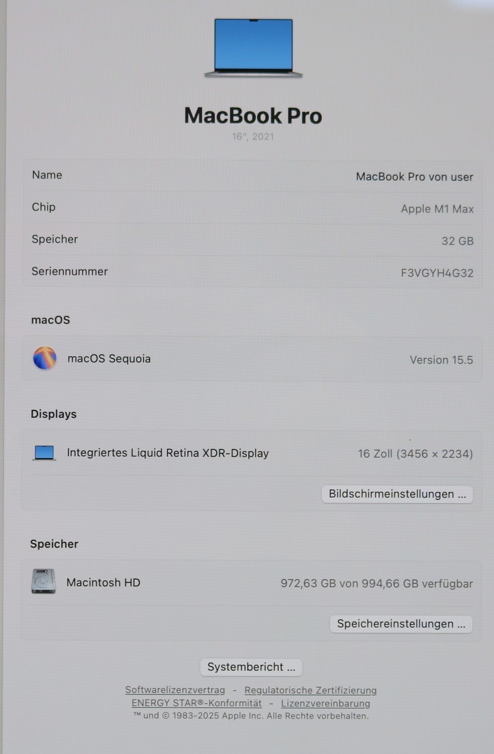 Apple MacBook Pro 2021 16 Zoll M1 Max 32GB 1TB SSD Retina nur 105 Ladzyk #105