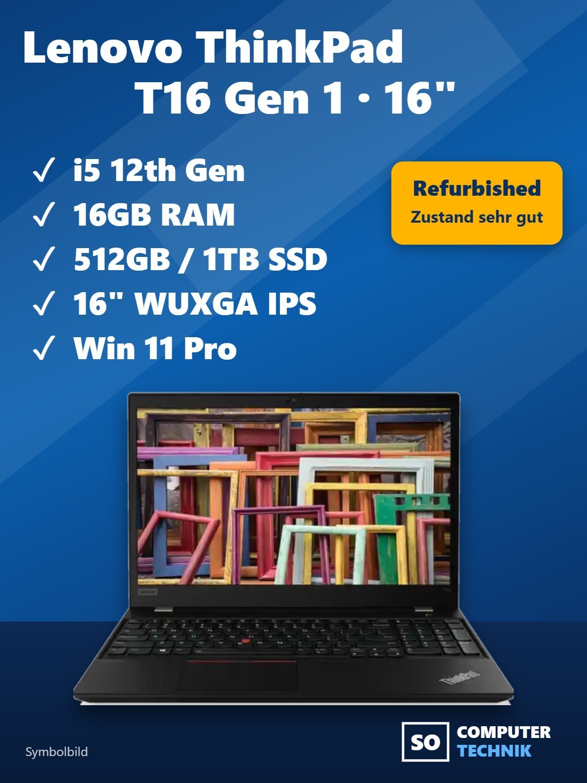 Lenovo ThinkPad T16 Gen 1 16" i5-1235U 16GB RAM 512GB/1TB SSD WUXGA Win11 Pro