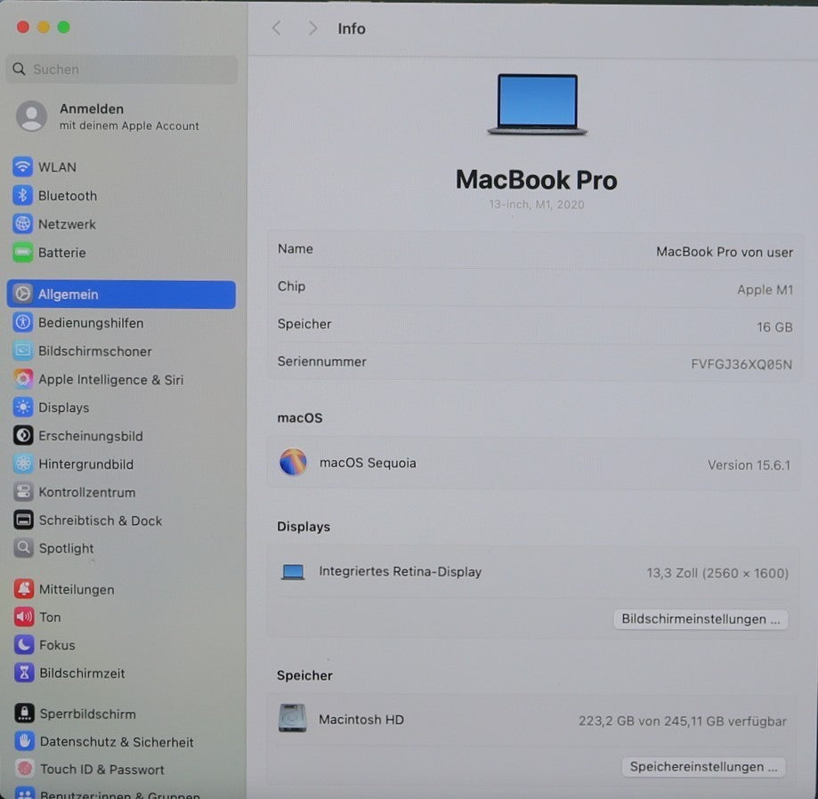 MacBook Pro M1 (2020) 13,3 Zoll Retina 2560x1600 M1 Chip 16GB RAM 256GB SSD #M1