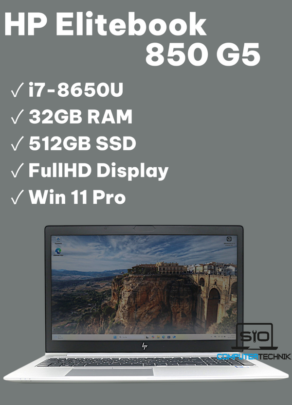 HP Elitebook 850 G5 i7-8650u 32GB RAM 512GB SSD NVMe, 15,6 FullHD IPS (matt) Win 11