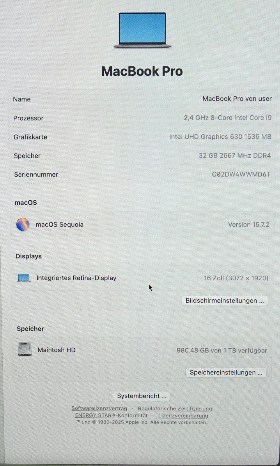 MacBook Pro 2019 16" i9-9th Gen 32GB RAM 1TB SSD AMD Radeon 5500M GPU QWERTZ #i2