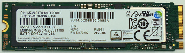 Samsung PM981 1TB NVMe SSD M.2 2280 PCIe 3.0 x4 MZVLB1T0HALR Laptop SSD 90%+