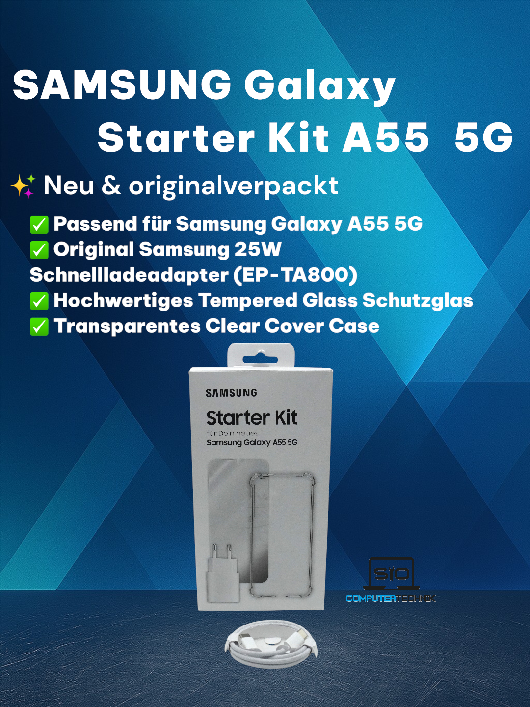 📱 SAMSUNG Galaxy A55 5G Starter Kit – 25W Schnellladegerät + Schutzglas + Cover