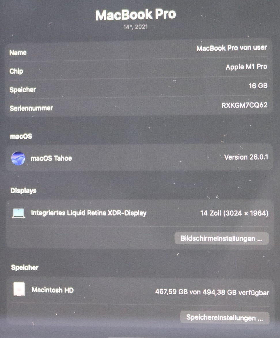 Apple MacBook Pro 14″ (2021) – Apple M1 Pro 16 GB RAM  512 GB macOS Tahoe #220