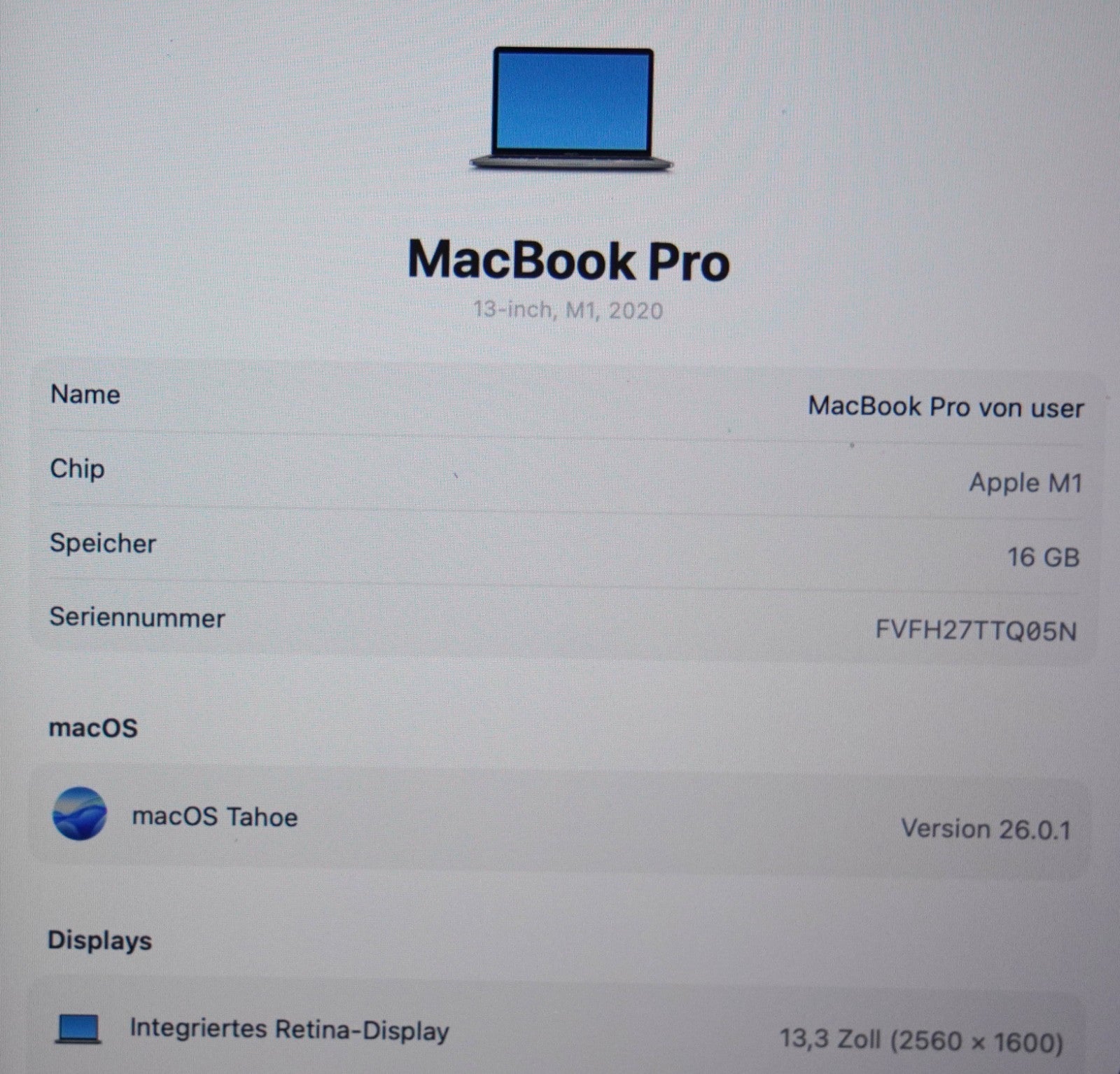 Apple MacBook Pro 13,3" M1 2020 16GB RAM 256GB SSD Retina Display OS Tahoe #387