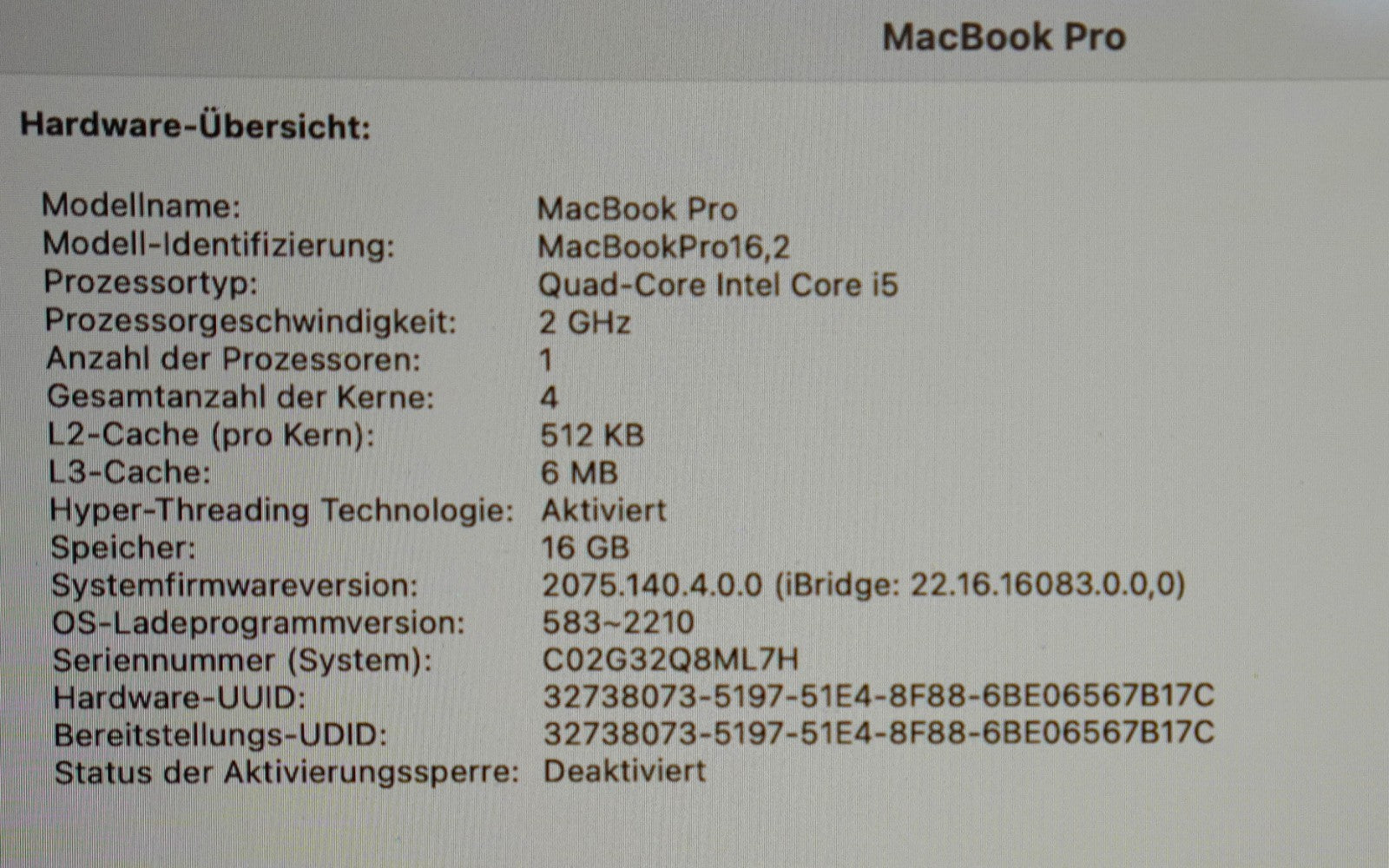 MacBook Pro 2020 13,3" Retina i5-10th Gen. 16GB RAM 512GB SSD Intel Iris+ #651