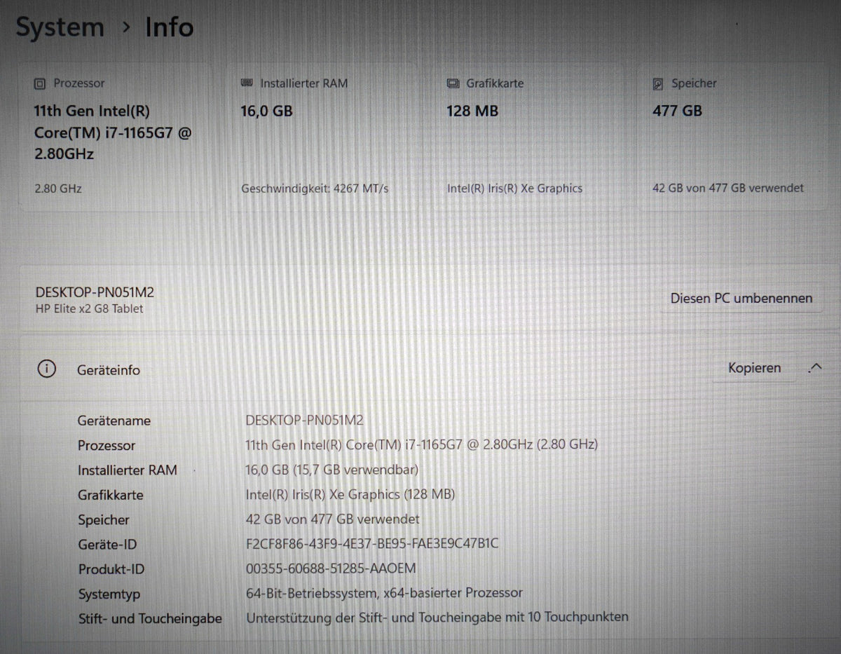 HP Elite x2 G8 Tablet i7-1165G7 16GB RAM 512GB SSD Intel Iris Xe 13'' WUXGA W11