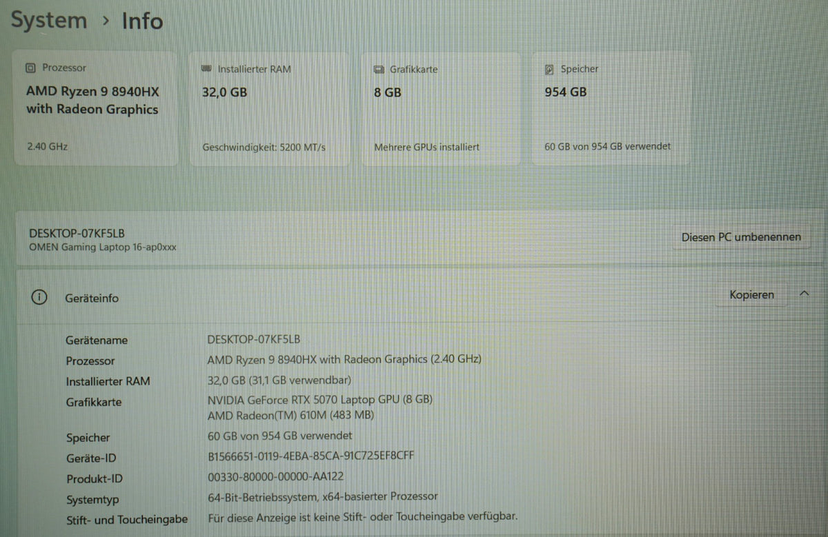 HP Omen 16 Gaming Ryzen 9 8940HX 32GB RAM 1TB SSD 16'' NVIDIA RTX 5070 Gut