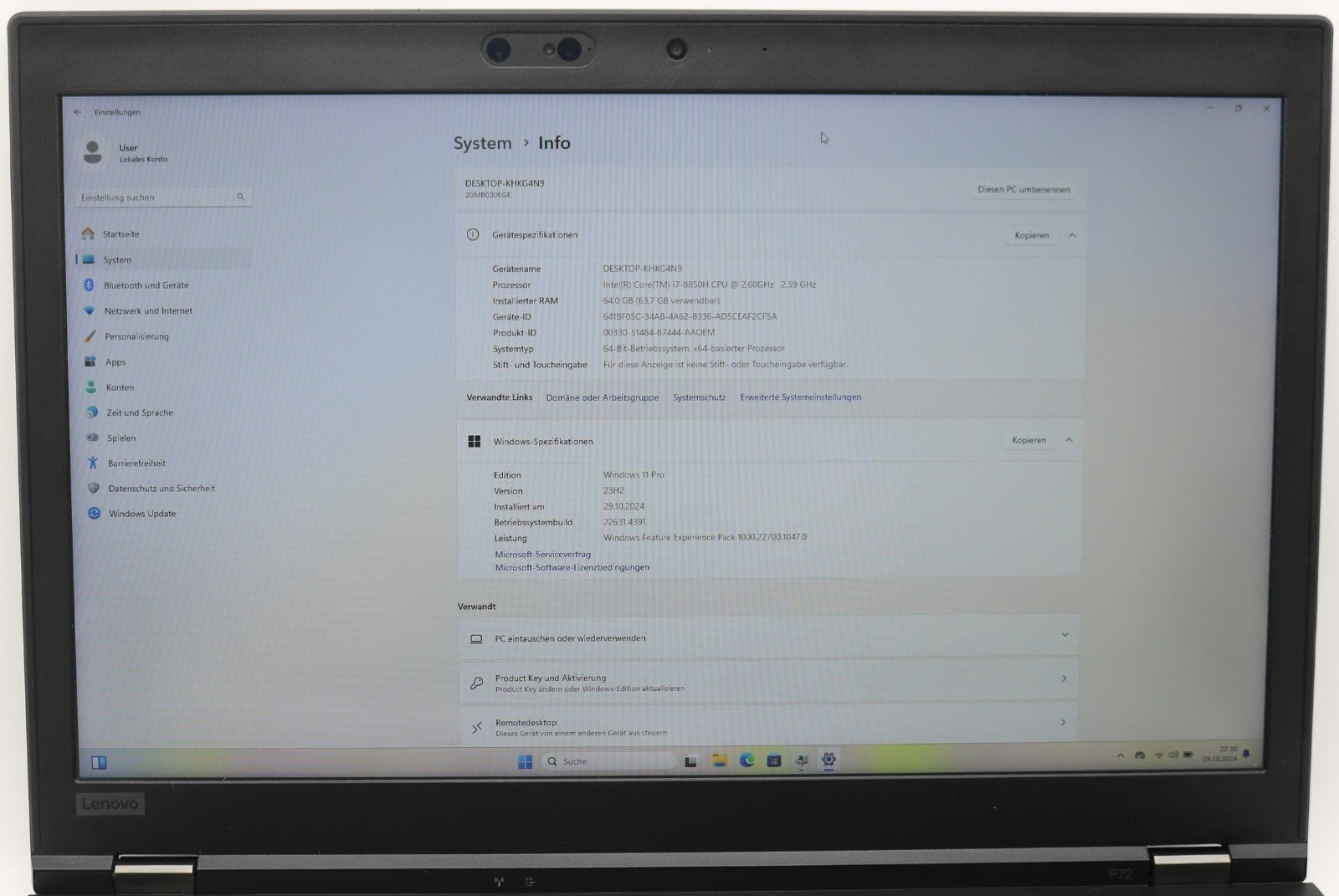 Lenovo ThinkPad P72 17,3" Workstation CAD i7-8850H 64GB RAM 1TB SSD NVIDIA P3200