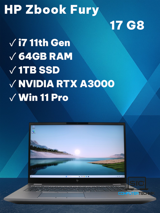 HP Zbook Fury 17,3" G8 MW i7-11850H 64GB RAM 1TB SSD NVIDIA RTX A3000 Win 11