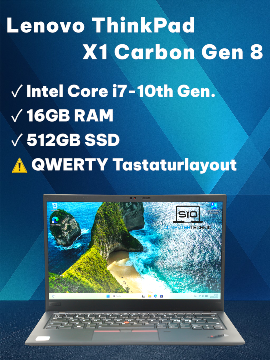 Lenovo ThinkPad X1 Carbon Gen8 i7-10510U 16GB RAM 512GB SSD 14'' QWERTY Win11