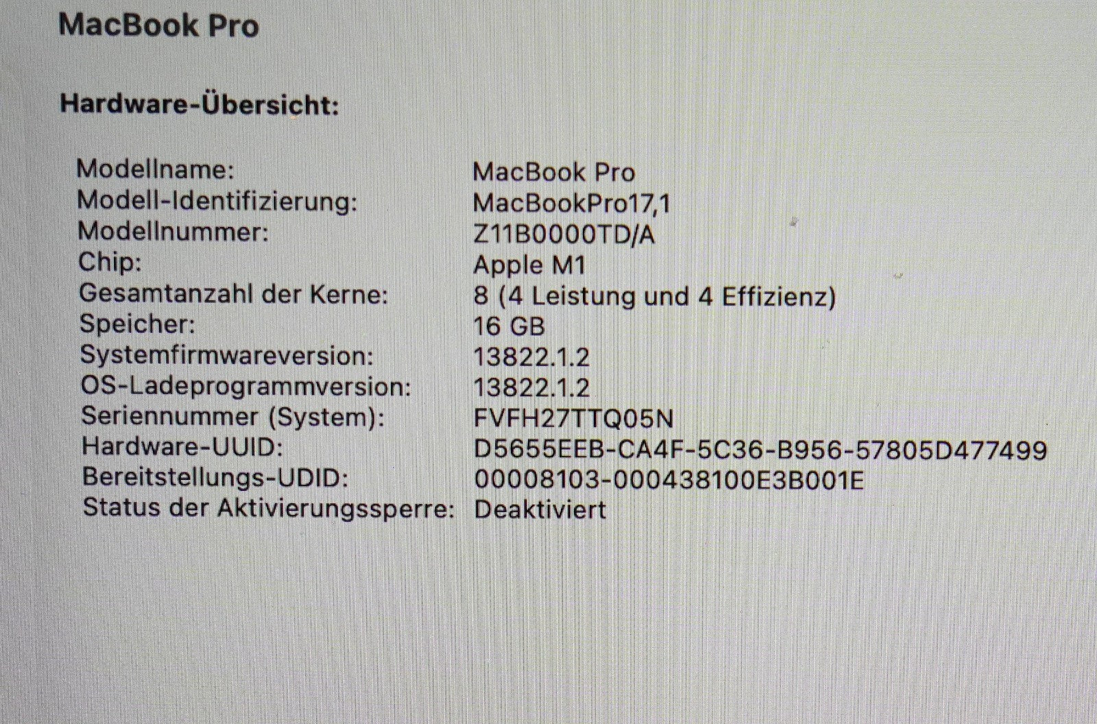 Apple MacBook Pro 13,3" M1 2020 16GB RAM 256GB SSD Retina Display OS Tahoe #387