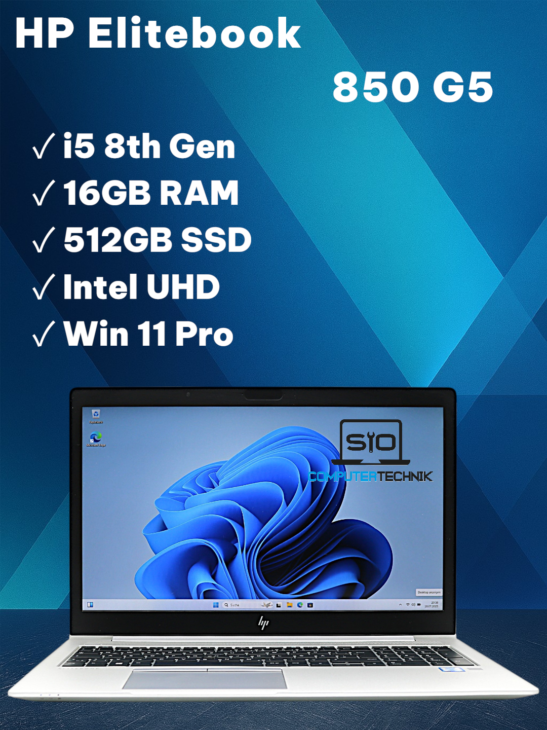 HP Elitebook 850 G5 i5-8350u 16GB RAM 512GB SSD NVMe, 15,6 FullHD IPS (matt) Win