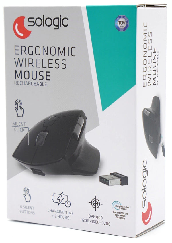 Sologic Ergonomische Wireless Maus 2,4 GHz kabellos, wiederaufladbar (USB-C), 6 Tasten – Neu